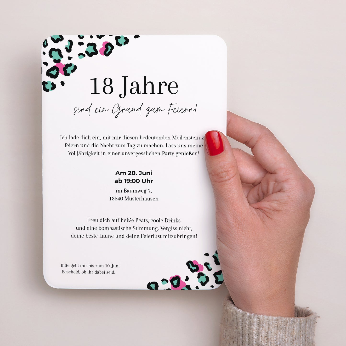 Einladungskarte Geburtstag Porträt, abgerundete Kanten Leopardenparty foto N° 3