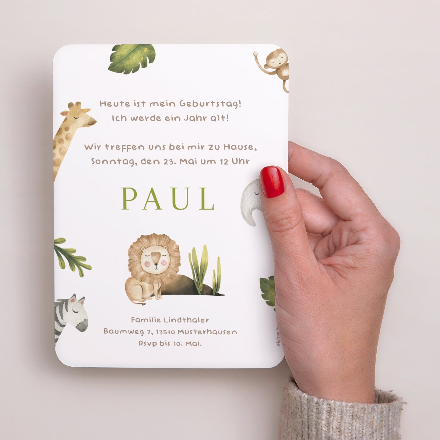 Einladungskarte Kindergeburtstag Porträt, abgerundete Kanten Mein erstes Jahr im Dschungel foto N° 3