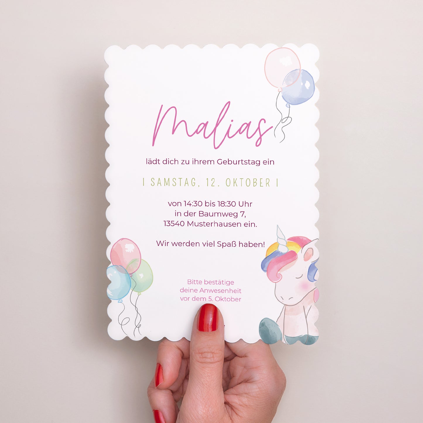 Einladungskarte Kindergeburtstag Porträt, Keksränder Einhorn-Donuts foto N° 3