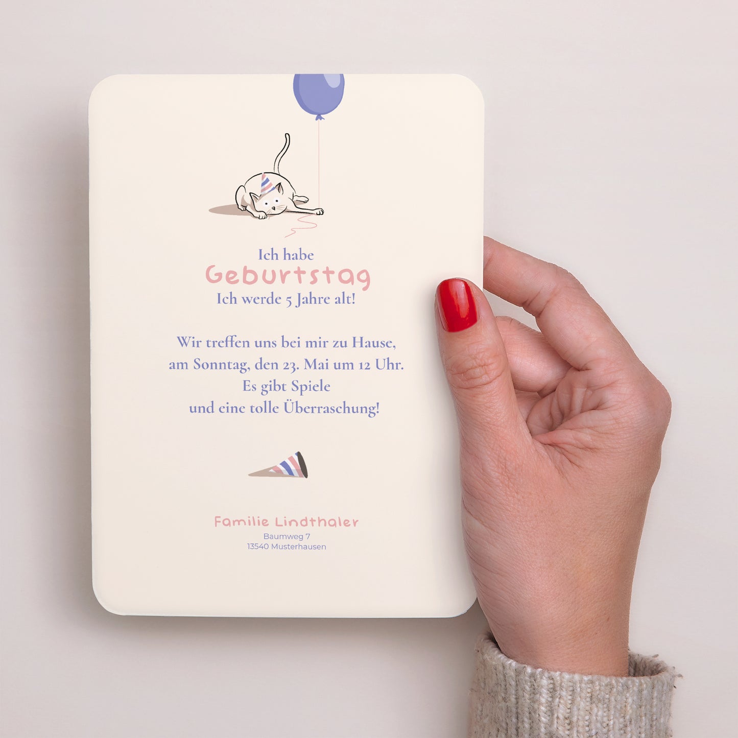 Einladungskarte Kindergeburtstag Porträt, abgerundete Kanten Die rosa Katze foto N° 3