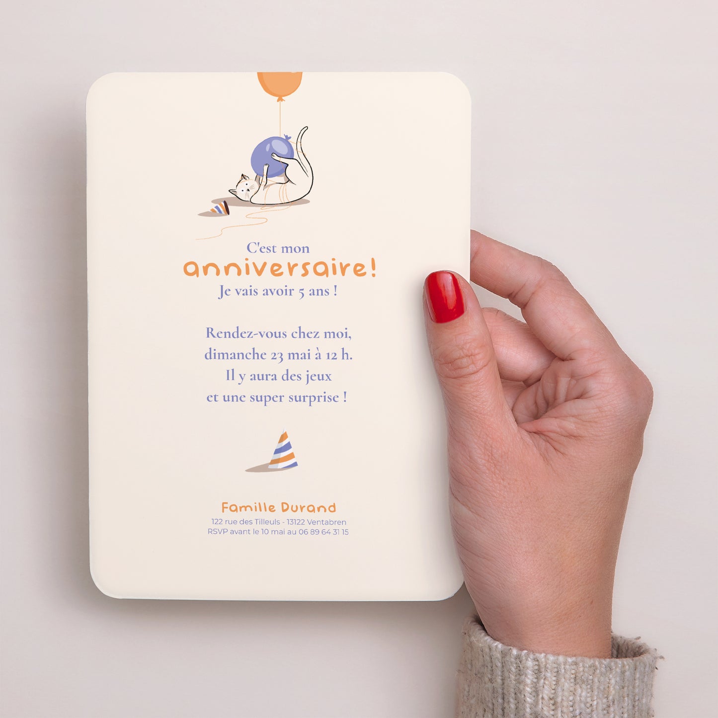 Einladungskarte Kindergeburtstag Porträt, abgerundete Kanten Die orange Katze foto N° 3