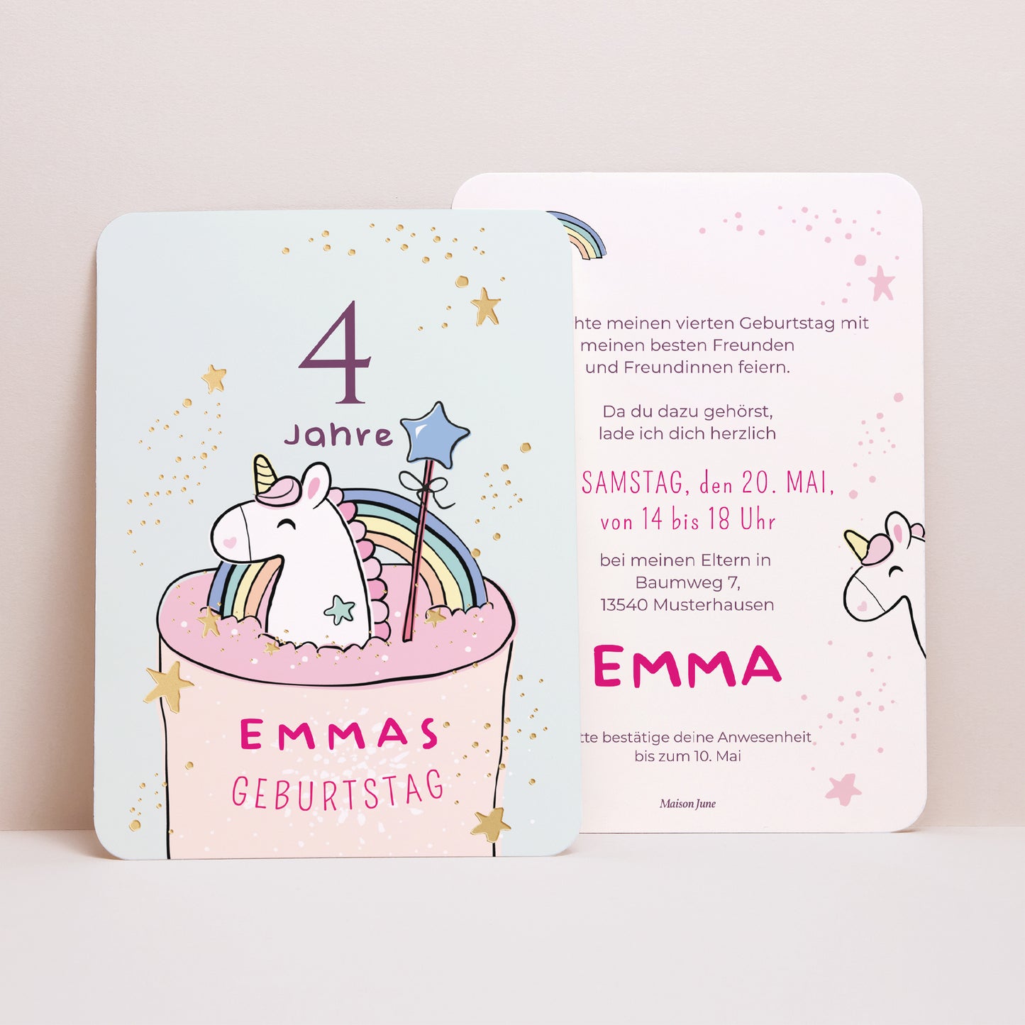 Beilegekarte Kindergeburtstag Porträt, abgerundete Kanten Einhornkuchen foto N° 1