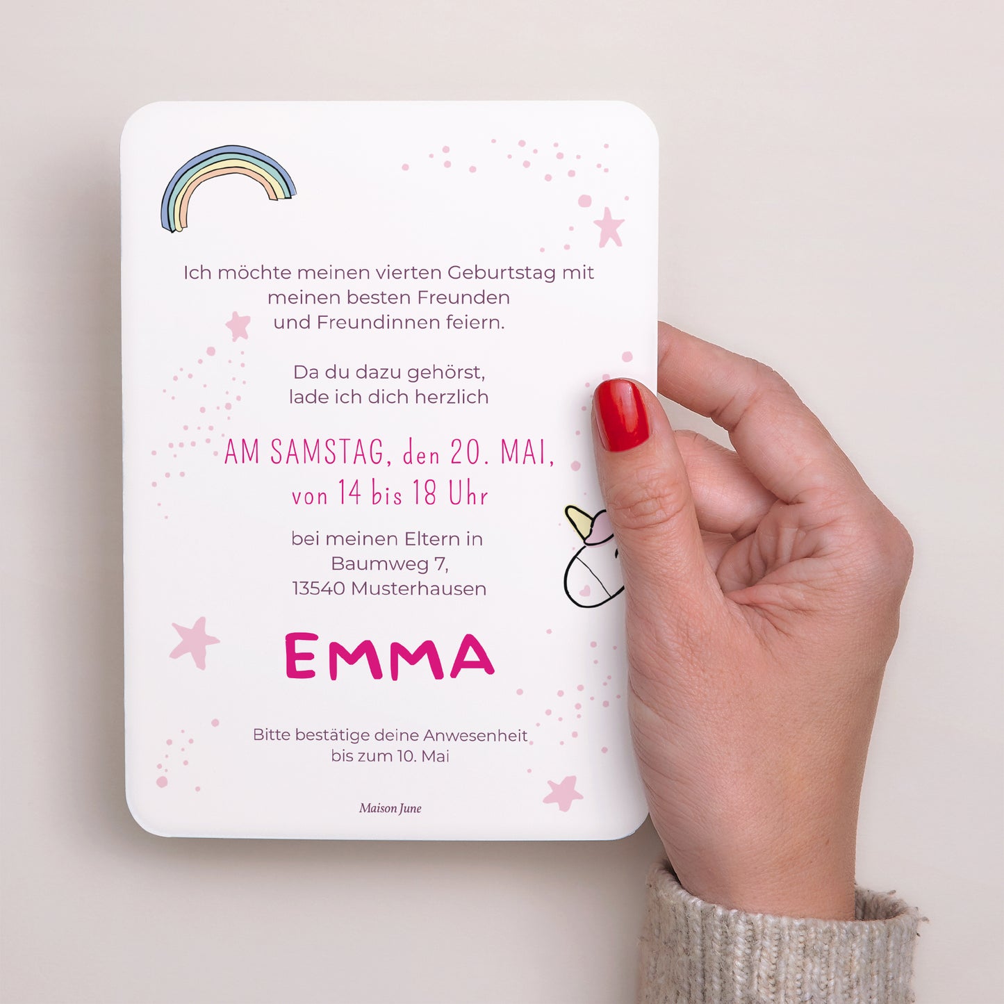 Einladungskarte Kindergeburtstag Porträt, abgerundete Kanten Einhornkuchen foto N° 3