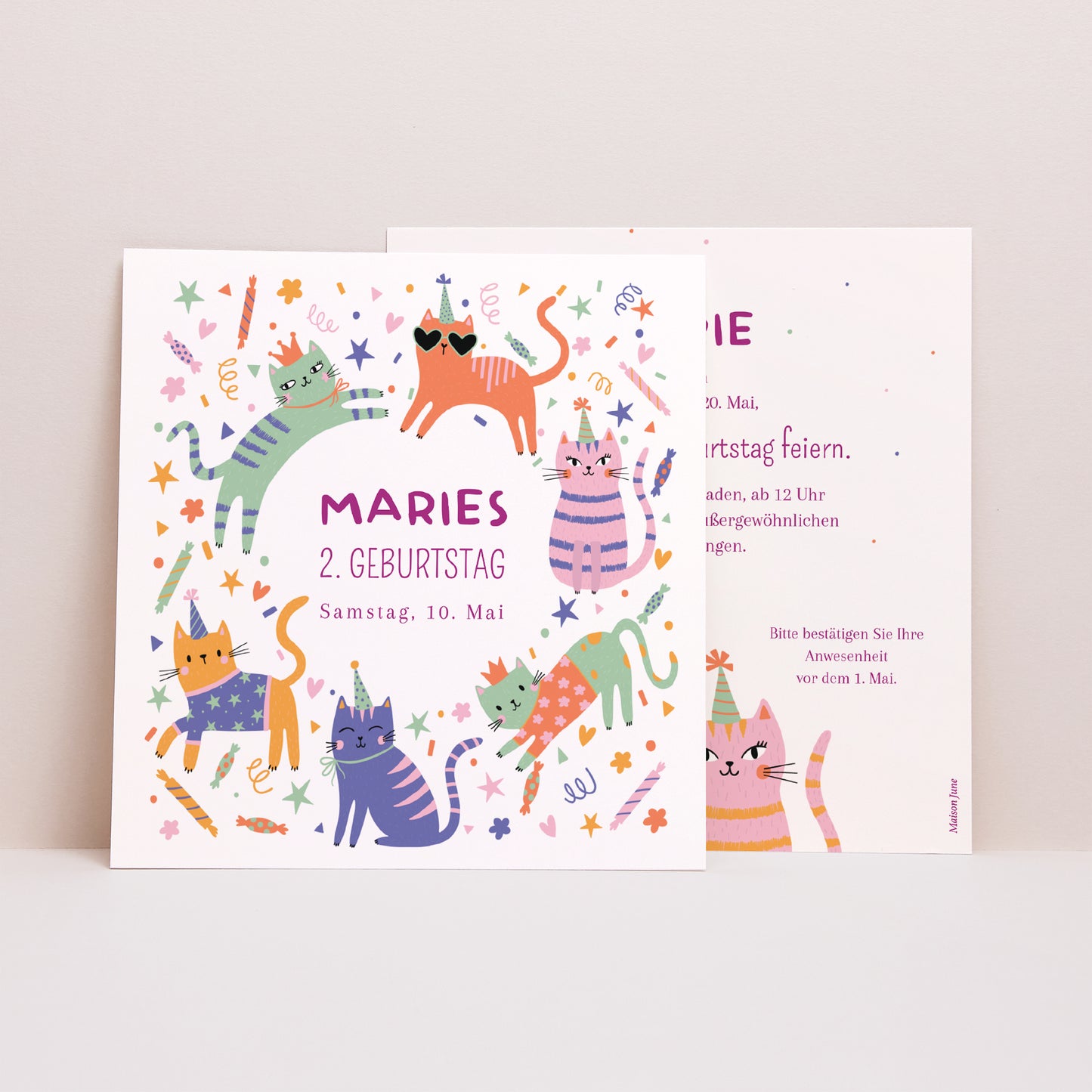 Beilegekarte Kindergeburtstag Quadrat Die verrückten Katzen foto N° 1