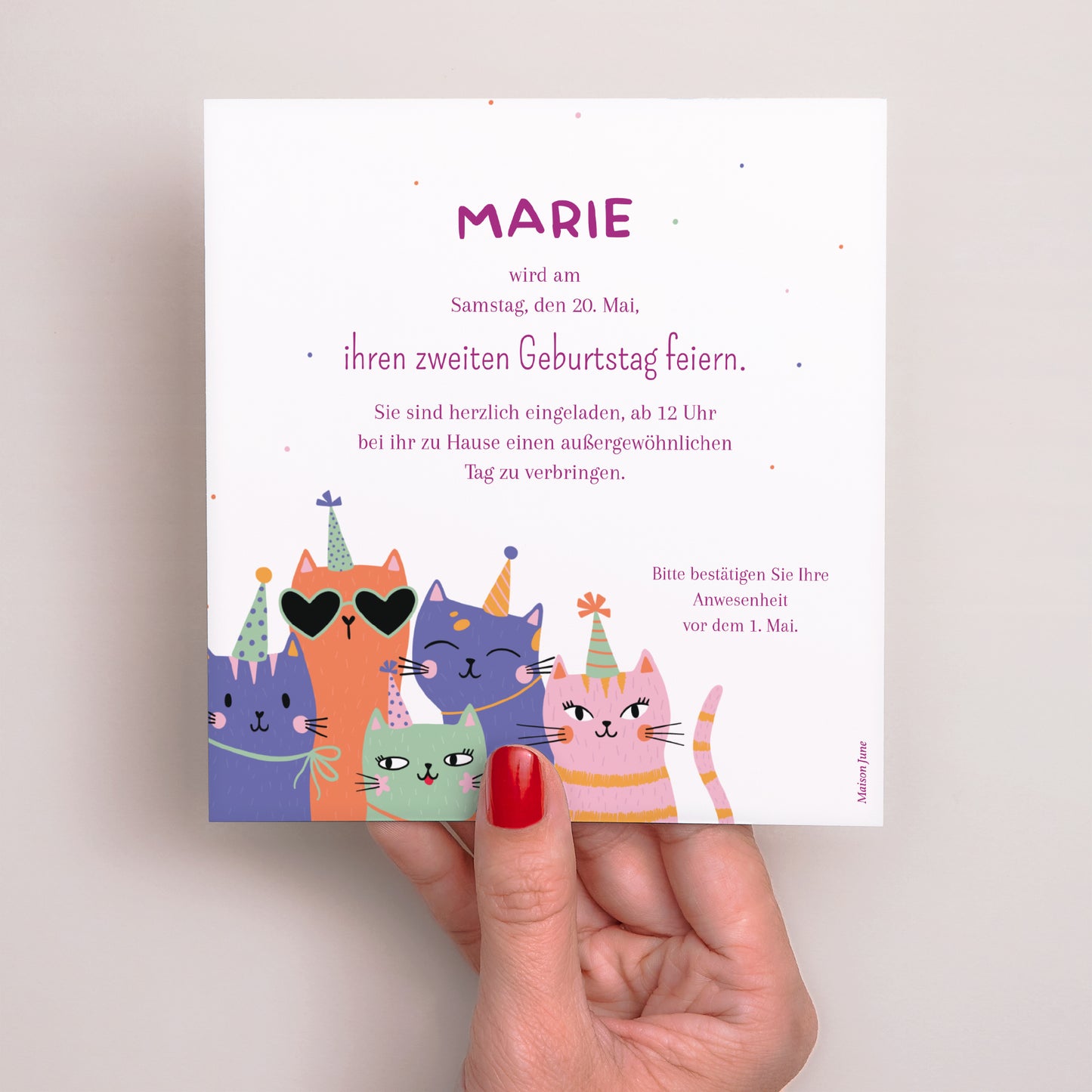 Einladungskarte Kindergeburtstag Quadrat Die verrückten Katzen foto N° 3