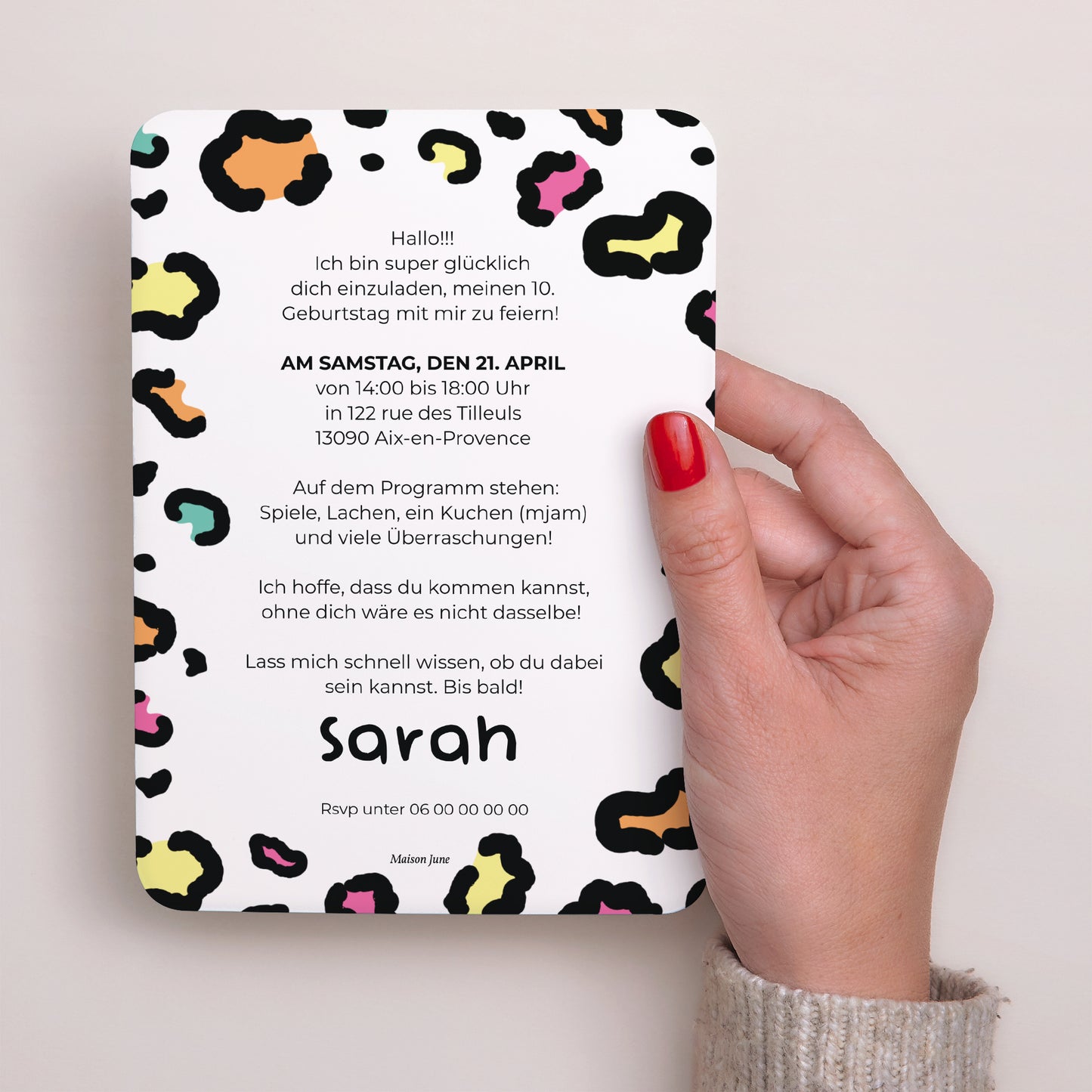 Einladungskarte Kindergeburtstag Porträt, abgerundete Kanten Buntleopard foto N° 3