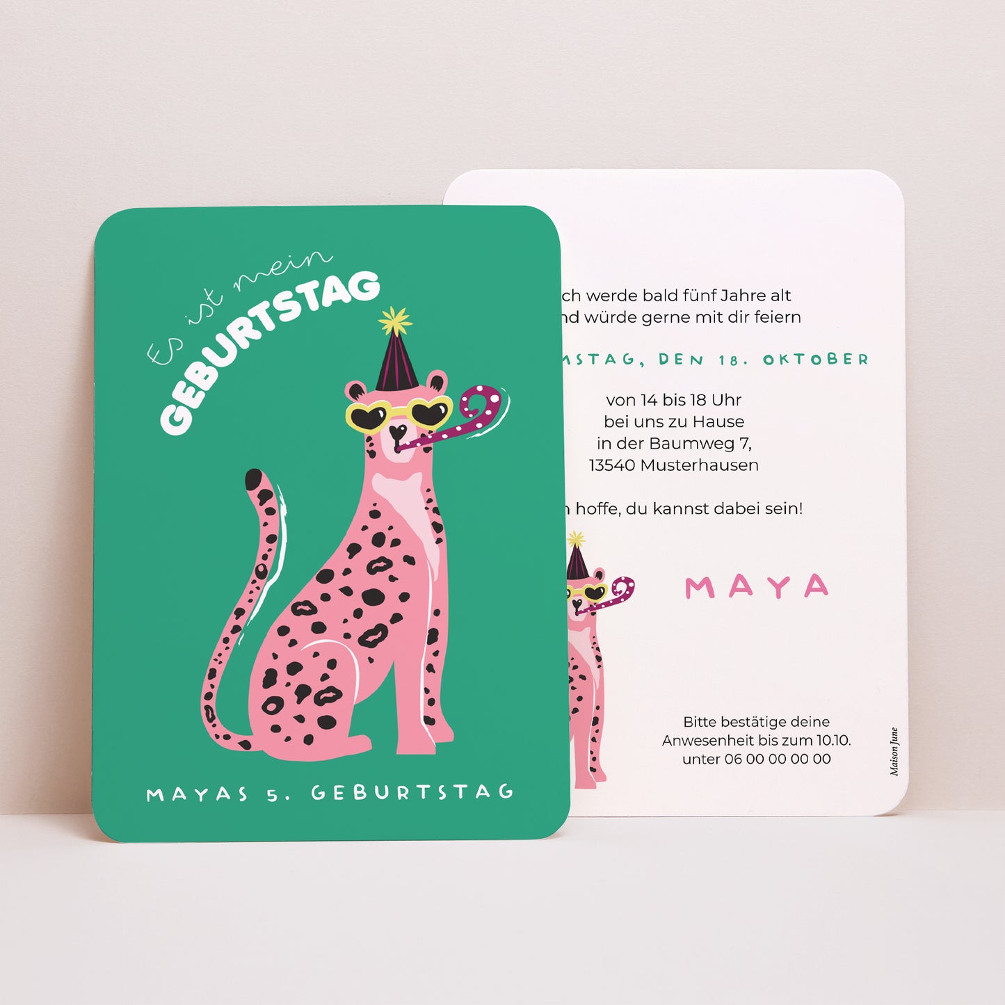 Beilegekarte Kindergeburtstag Porträt, abgerundete Kanten Festlicher Leopard foto N° 1