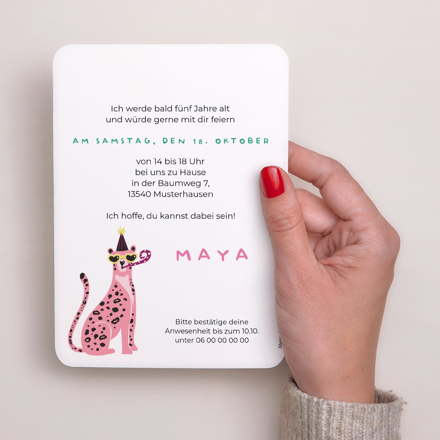 Einladungskarte Kindergeburtstag Porträt, abgerundete Kanten Festlicher Leopard foto N° 3