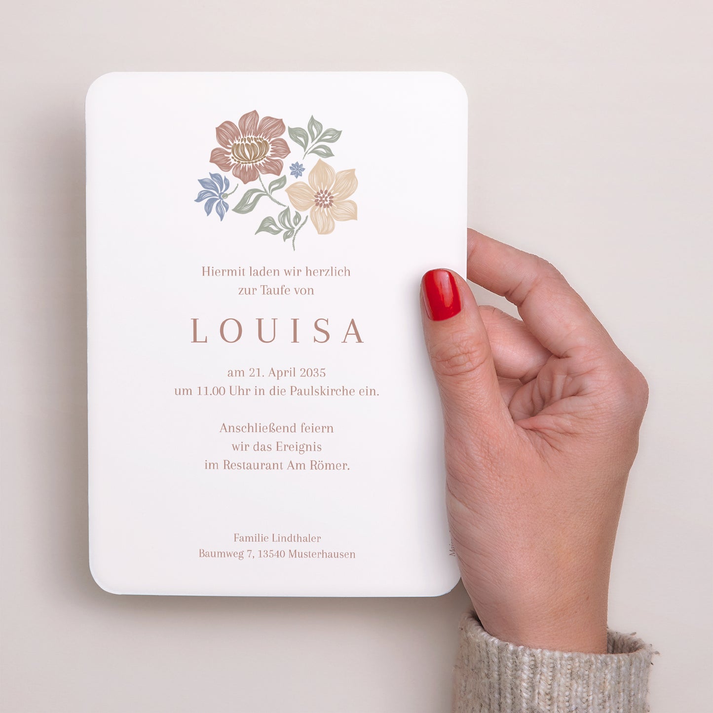 Taufeinladung Porträt, abgerundete Kanten Gekritzelte Blumen foto N° 3