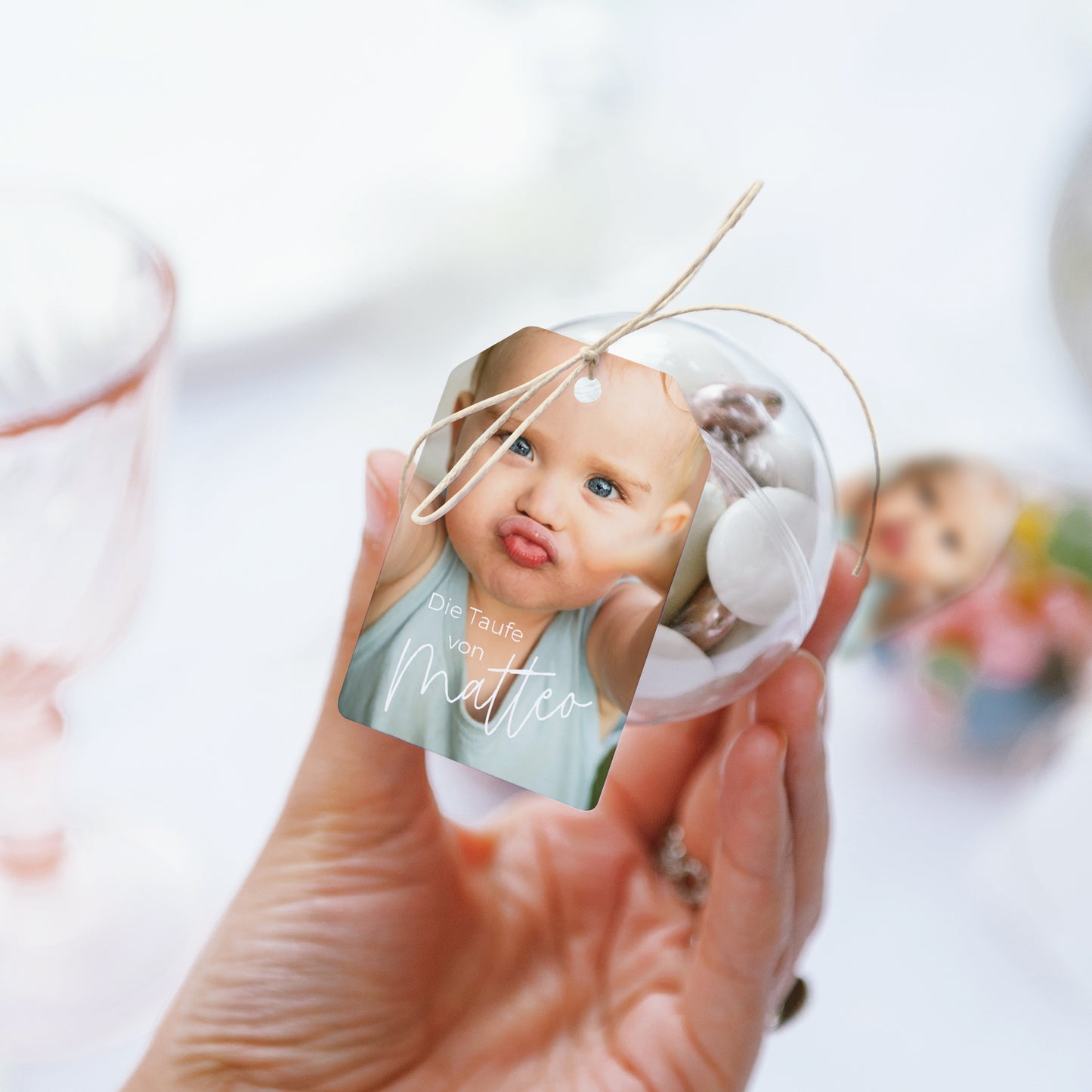 Geschenkbox Taufe Ball mit Wimpel-Etikett Einzelbaby foto N° 3