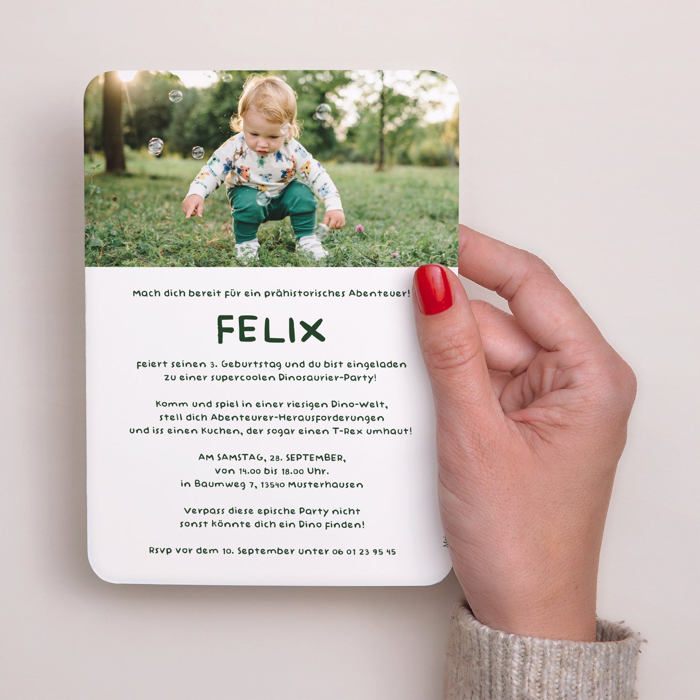 Einladungskarte Kindergeburtstag Porträt, abgerundete Kanten Die Dino-Party foto N° 3