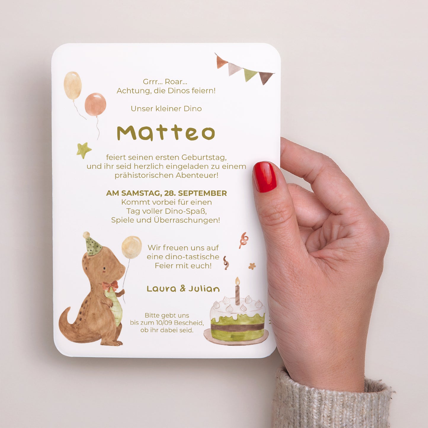 Einladungskarte Kindergeburtstag Porträt, abgerundete Kanten Dino Kerze foto N° 3