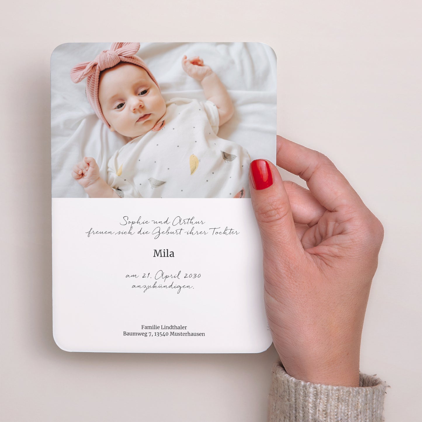 Geburtskarte Porträt, abgerundete Kanten Hellrosa Streifen foto N° 3