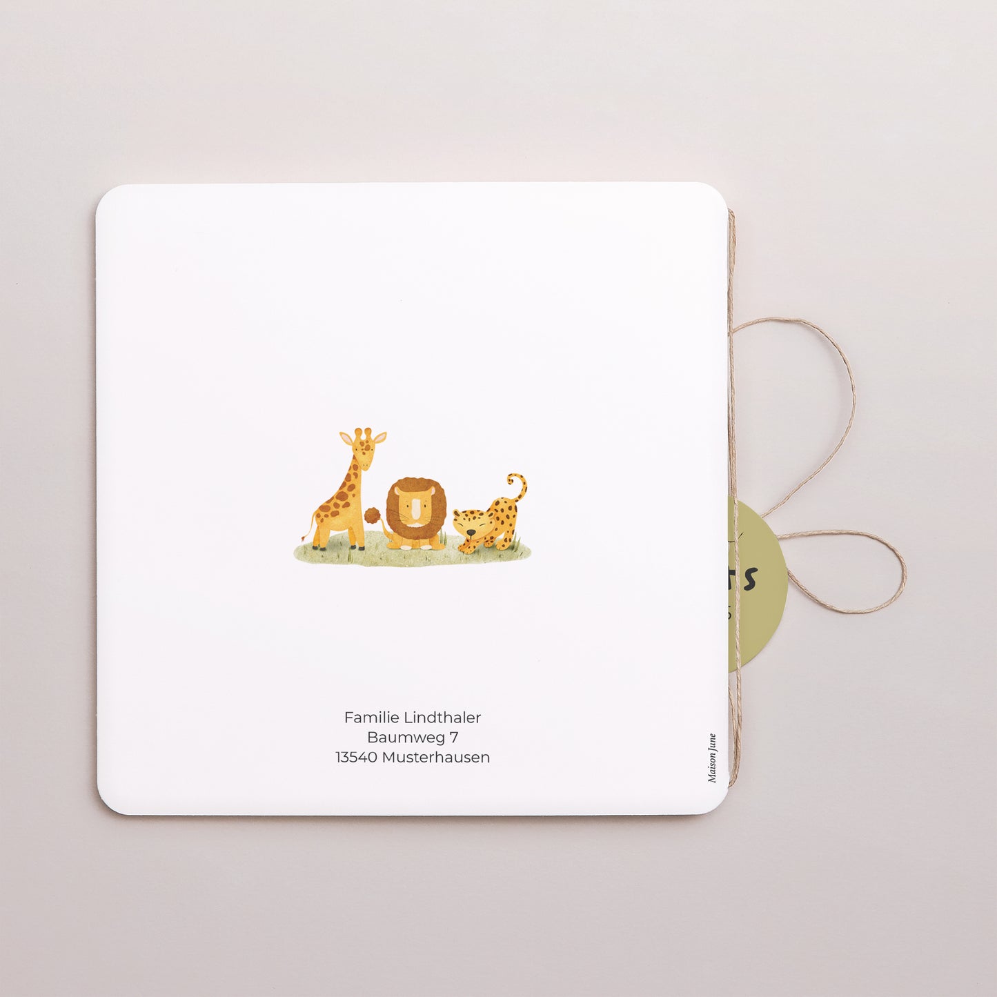 Geburtskarte Doppel-Quadrateinschlag, abgerundete Ecken, runde Etikette WildAura foto N° 3