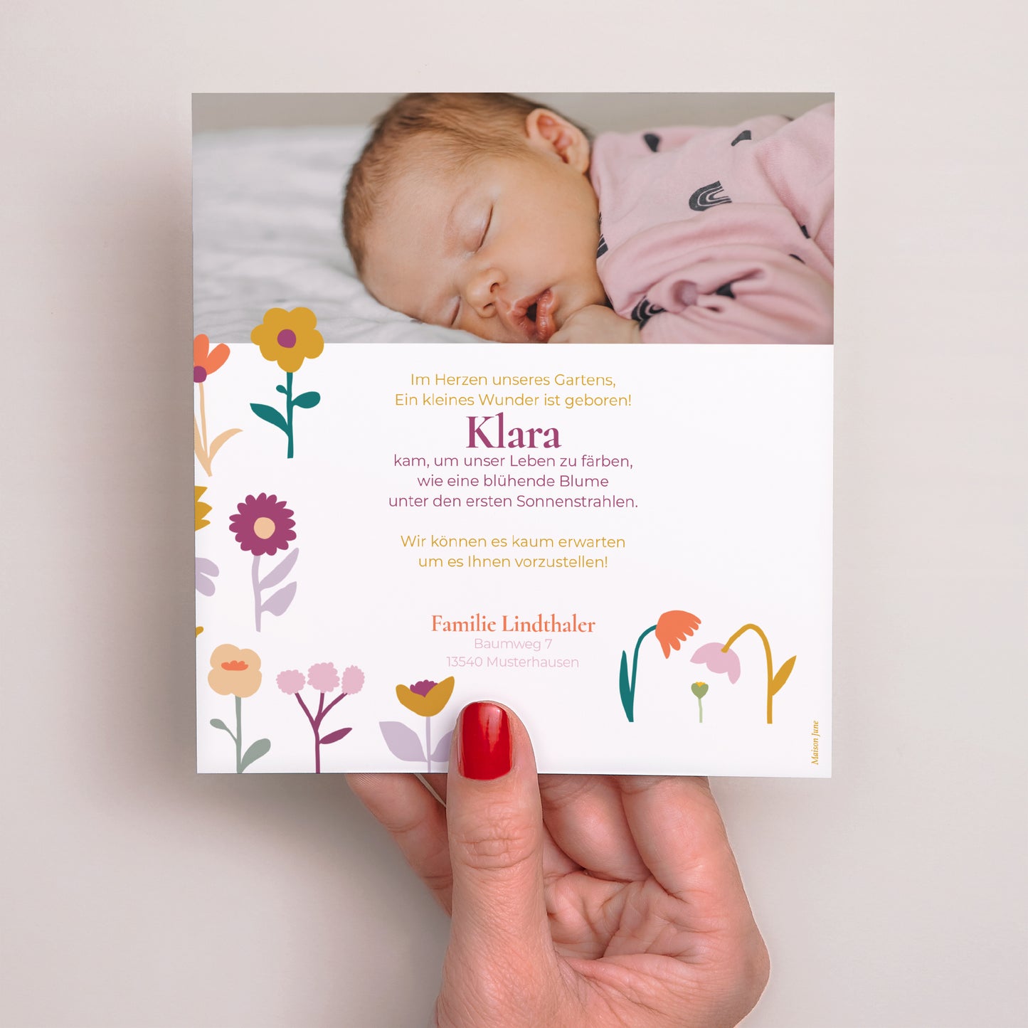 Geburtskarte Quadrat Herz in Blüte foto N° 3