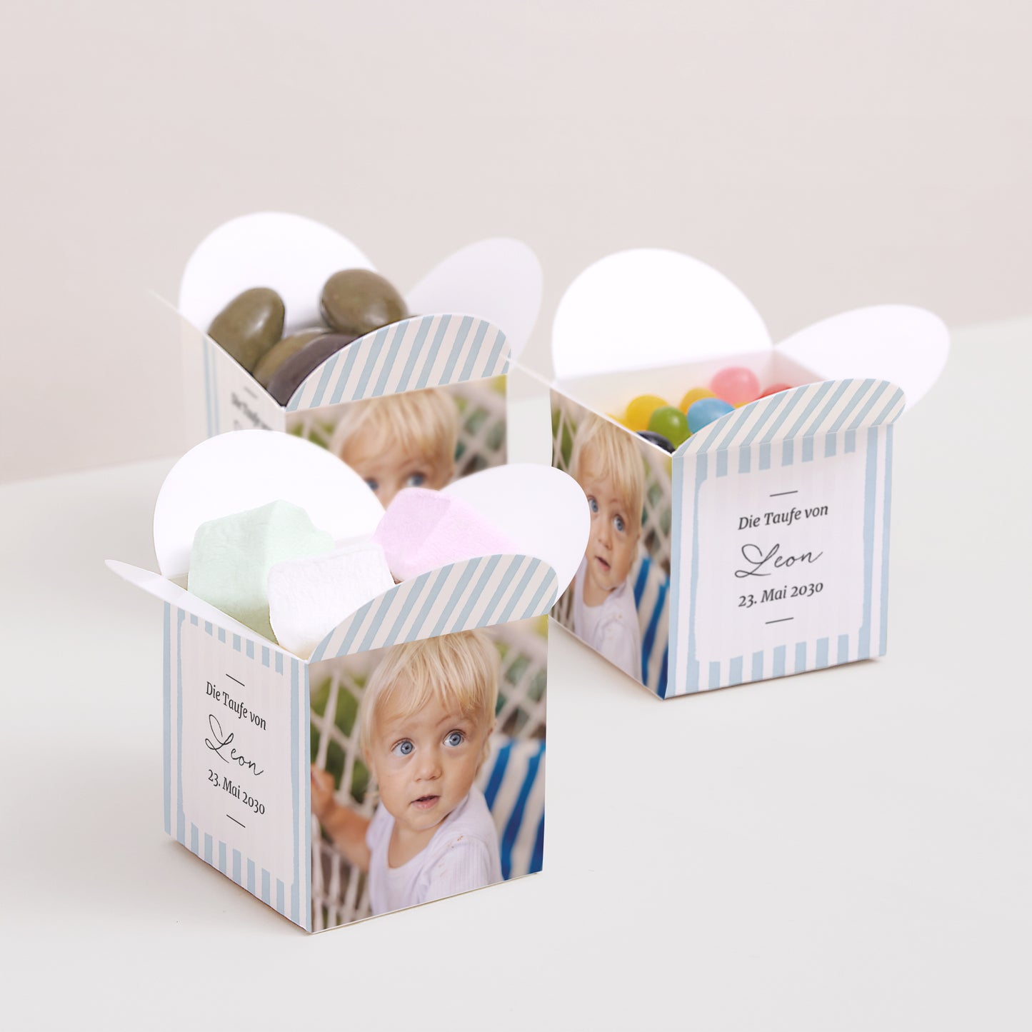 Geschenkbox Taufe Schmetterlingsöffnung Himmelblau gestreift II foto N° 3