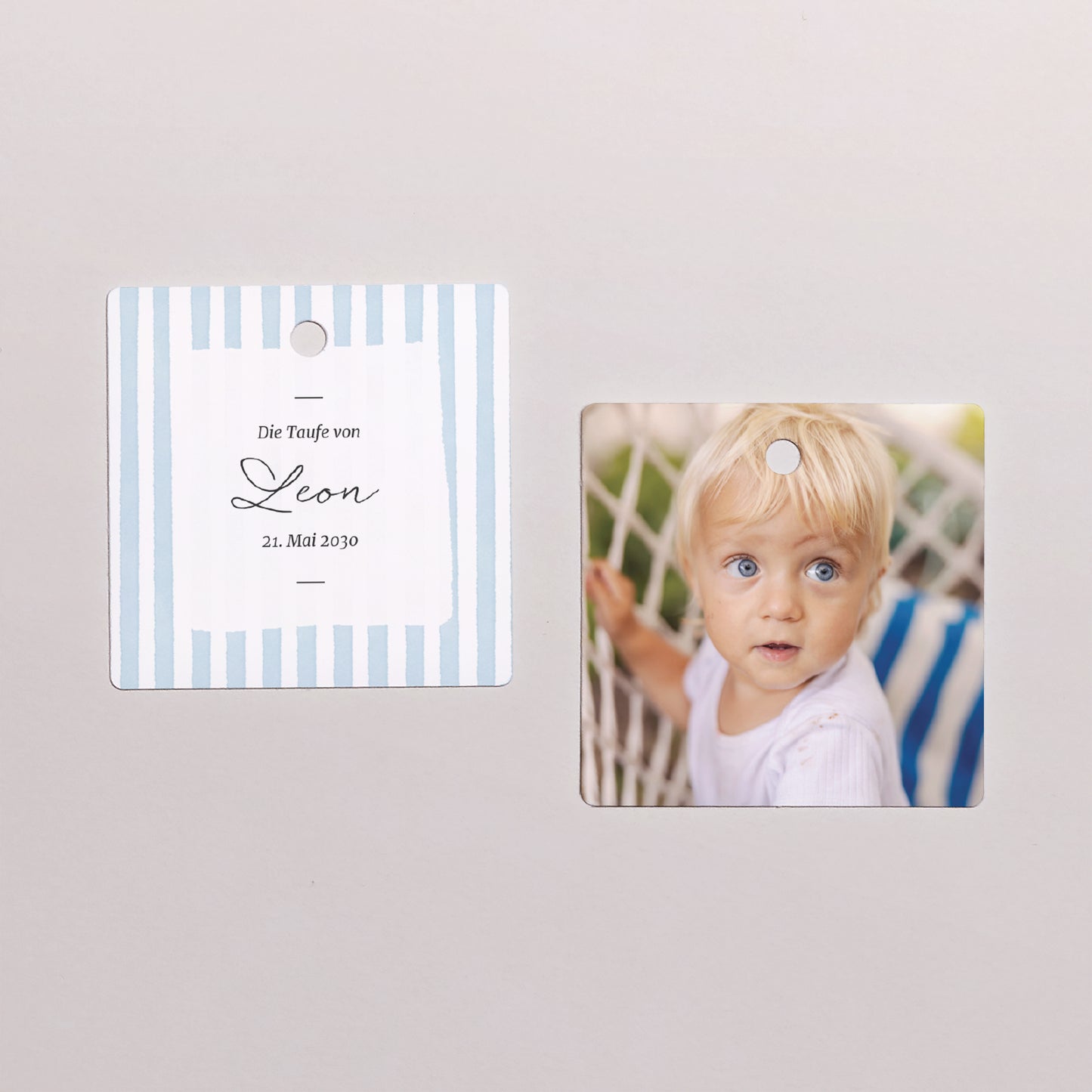 Geschenkbox Taufe Kugel mit quadratischem Etikett Himmelblau gestreift II foto N° 3