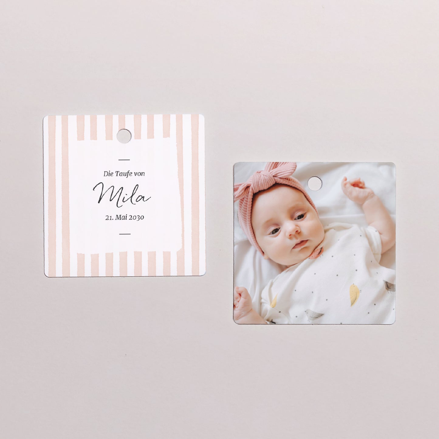 Geschenkbox Taufe Kugel mit quadratischem Etikett Helle rosa Streifen II foto N° 3