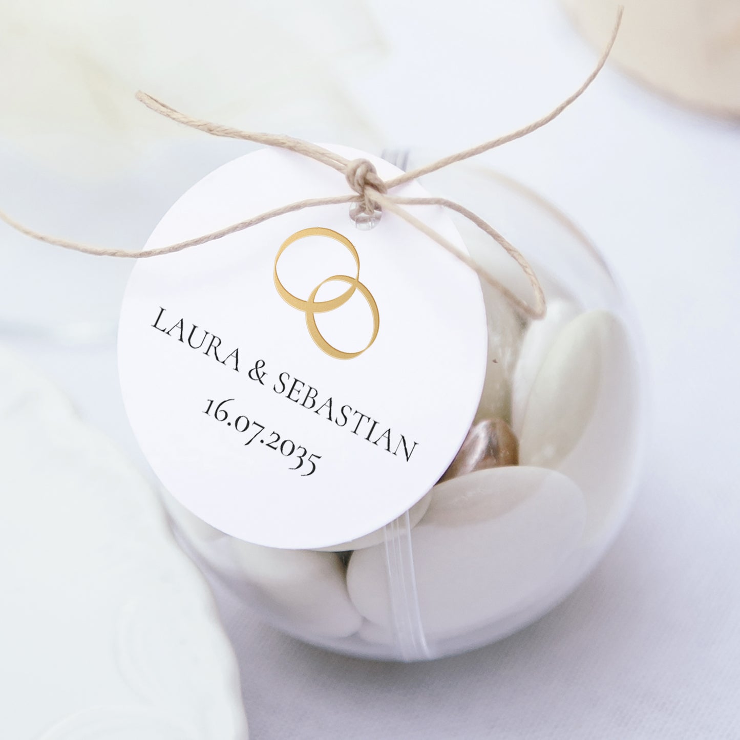 Geschenkbox Hochzeit Kugel mit runder Etikette Goldene Eid foto N° 1