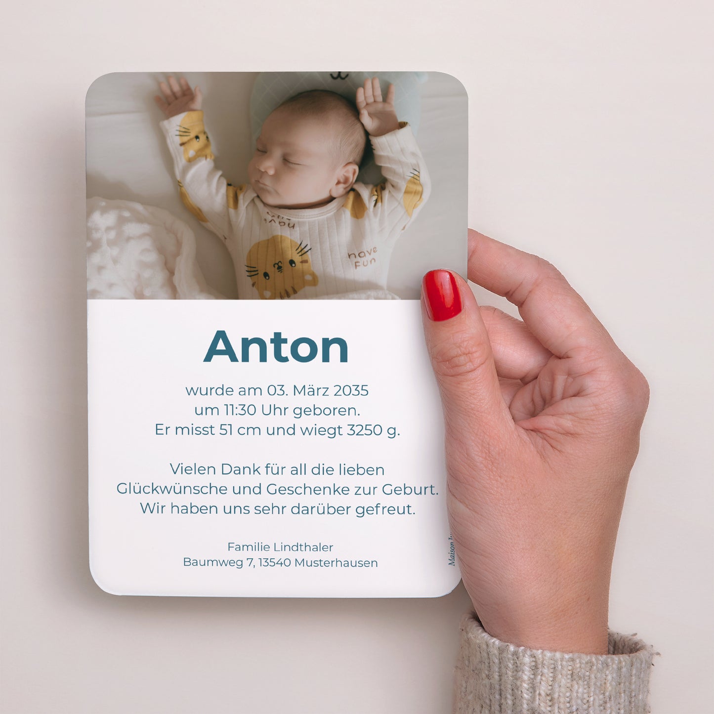 Geburtskarte Porträt, abgerundete Kanten Bunte Streifen blau II foto N° 3