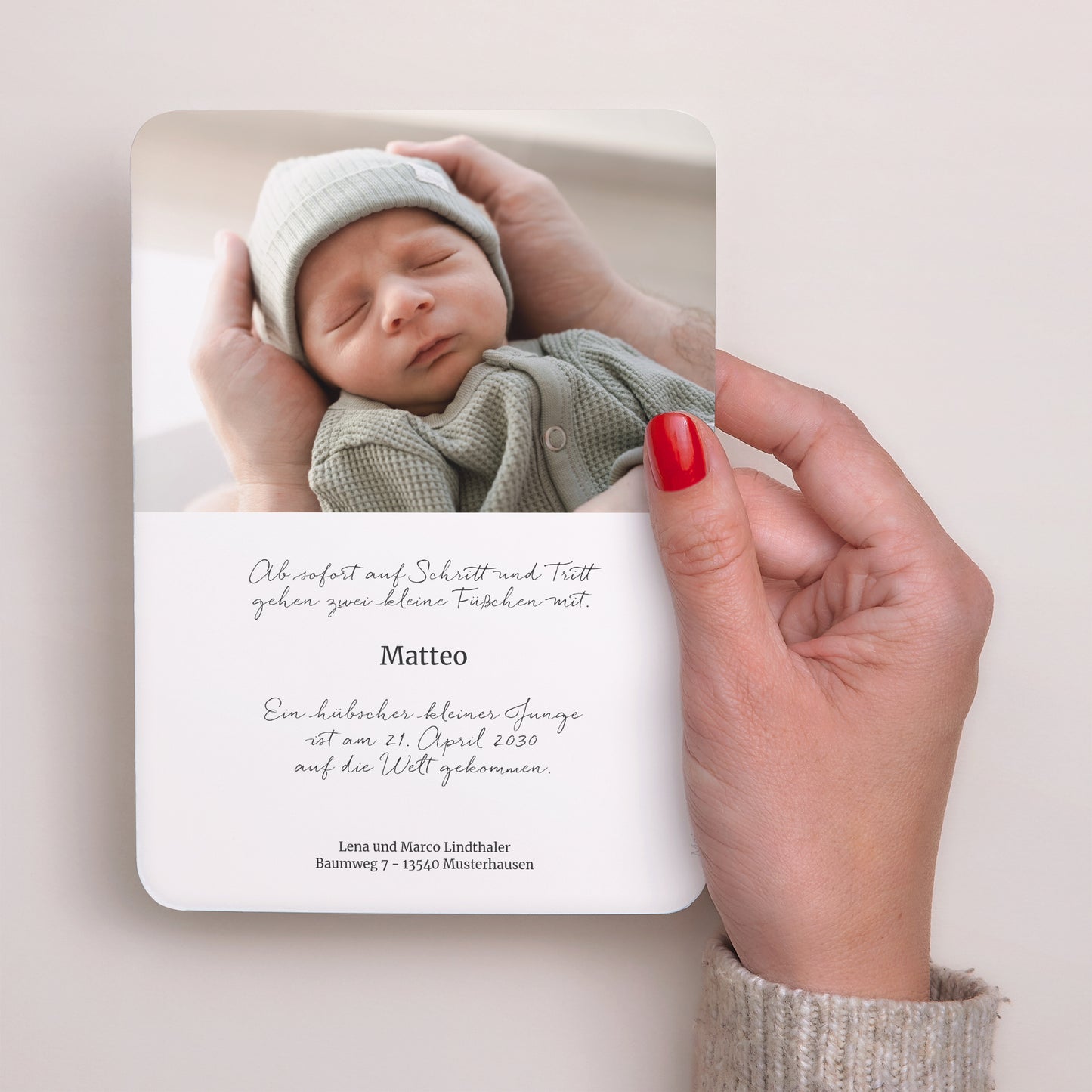 Geburtskarte Porträt, abgerundete Kanten Helle grüne Streifen foto N° 3