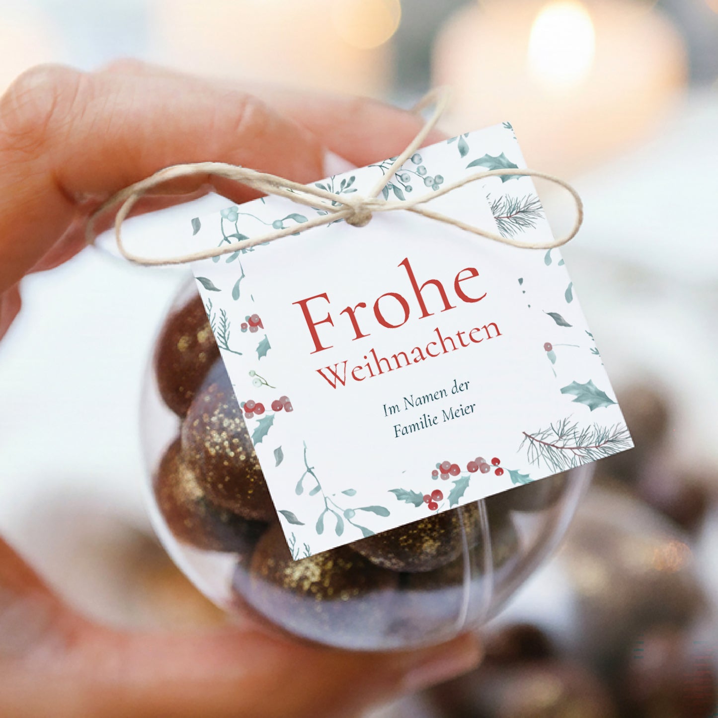 Geschenkbox Weihnachten Kugel mit quadratischem Etikett Eichenblätter foto N° 1
