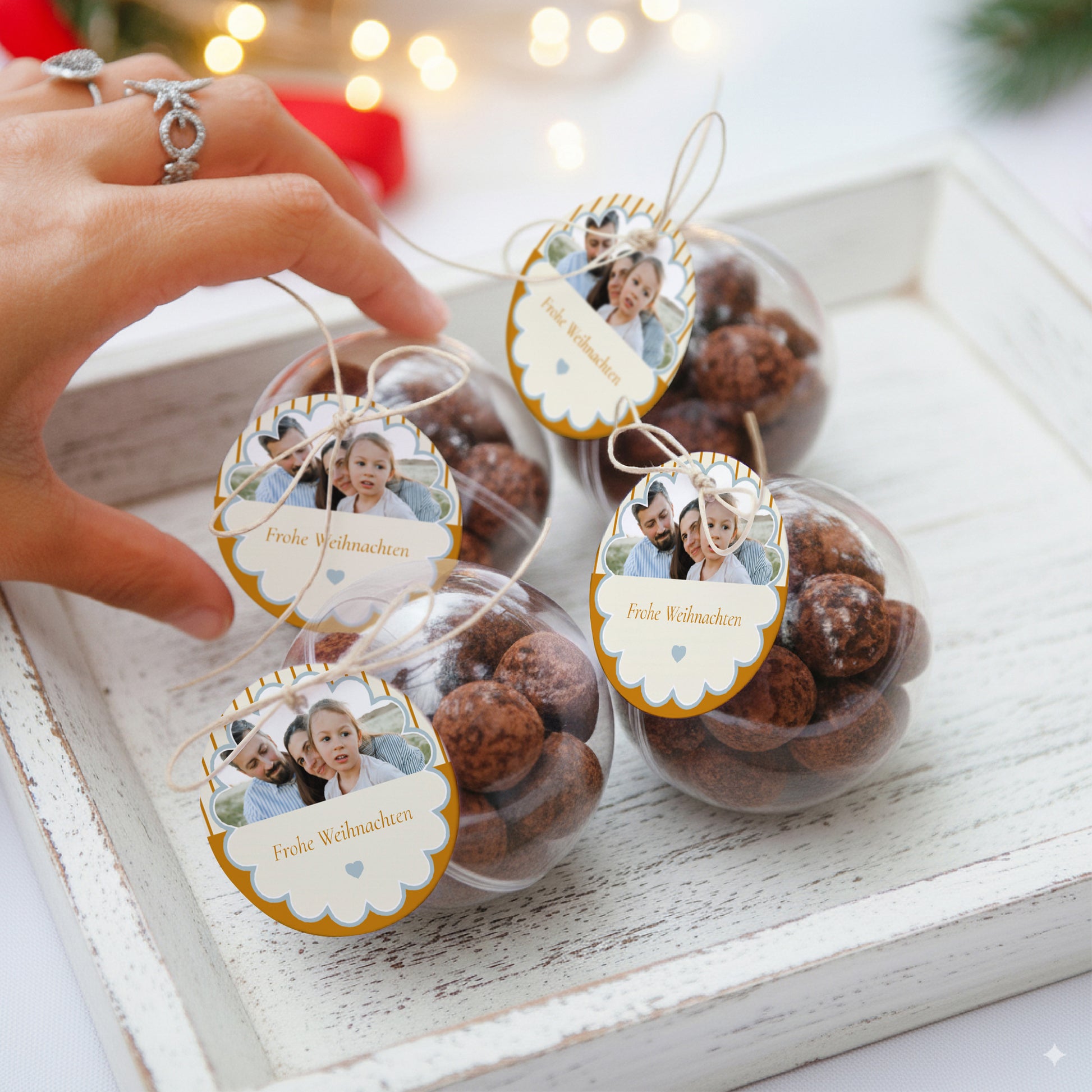 Geschenkbox Weihnachten Kugel mit runder Etikette Blaue Ambra foto N° 2