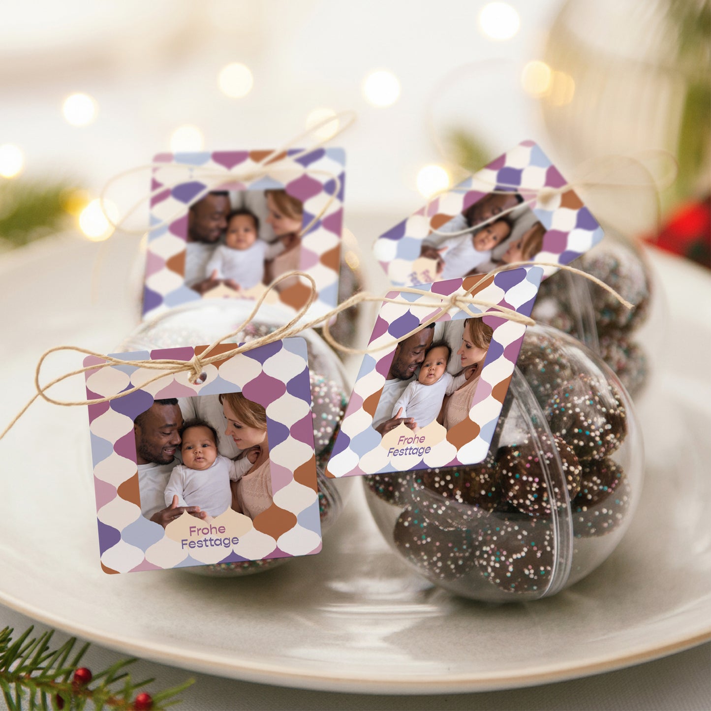 Geschenkbox Weihnachten Kugel mit quadratischem Etikett Winterwellen foto N° 2