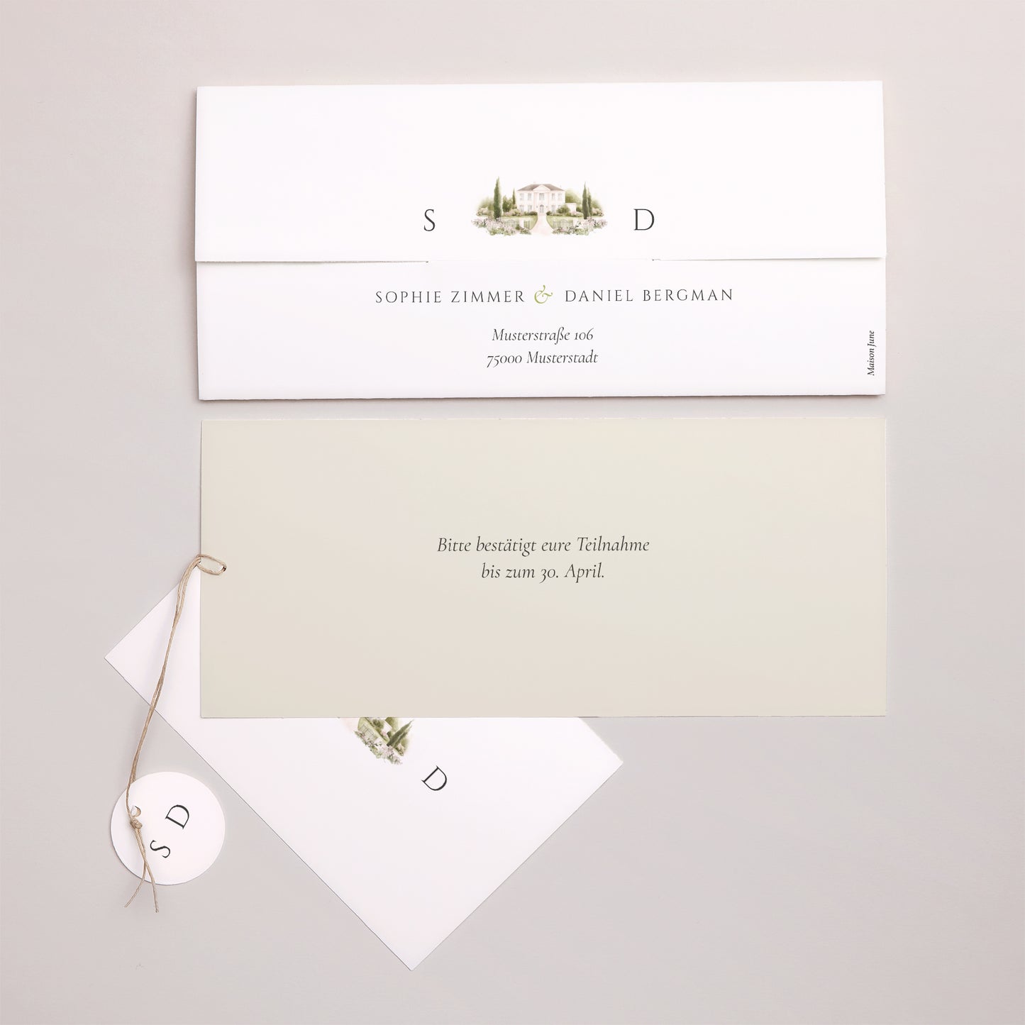 Hochzeitseinladung Mappe 2 Karten, Etikett Das Etui des Domaine foto N° 4