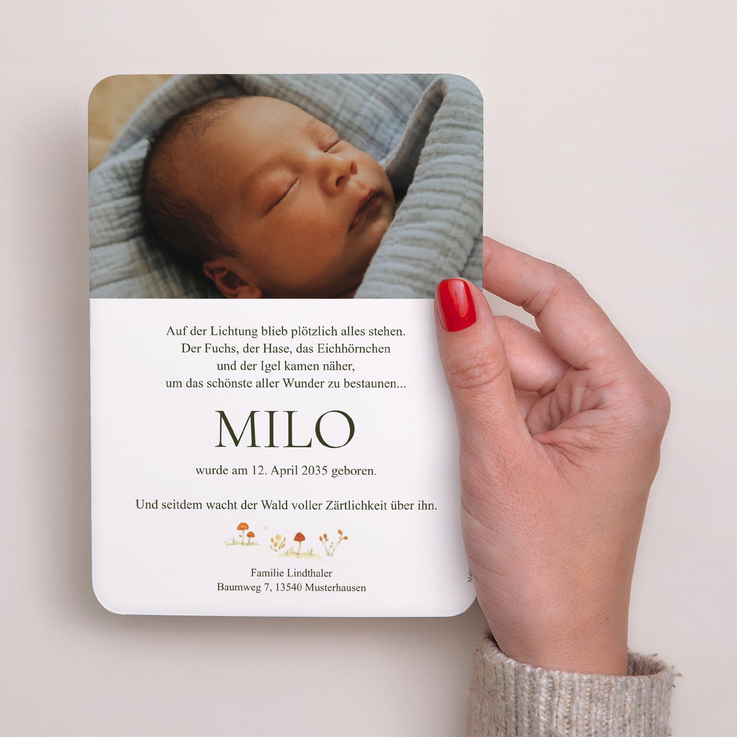 Geburtskarten Porträt, abgerundete Kanten Willkommen in der Lichtung foto N° 3