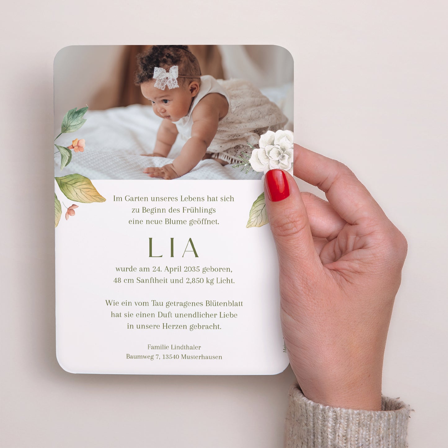 Geburtskarten Porträt, abgerundete Kanten Blühendes Nest foto N° 3