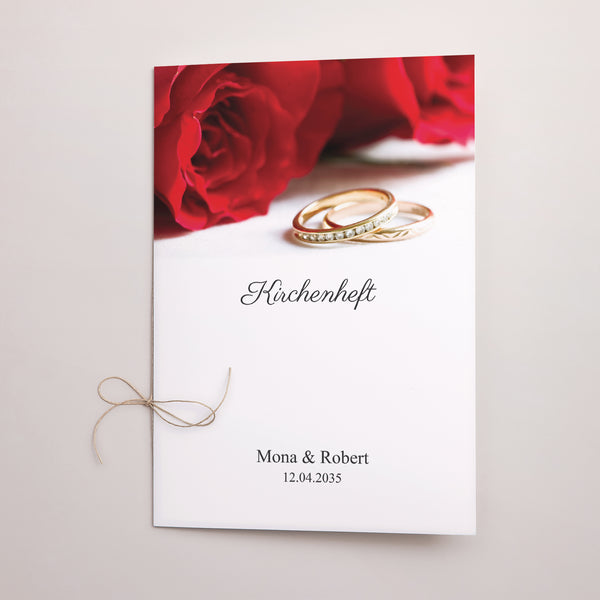 Kirchenheft Hochzeit Doppelflügel Rote Rosen und Eheringe foto