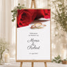 Begrüßungstafel Hochzeit Porträt 60 x 90 cm Rote Rosen und Eheringe foto N° 1