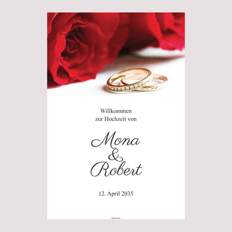 Begrüßungstafel Hochzeit Porträt 60 x 90 cm Rote Rosen und Eheringe