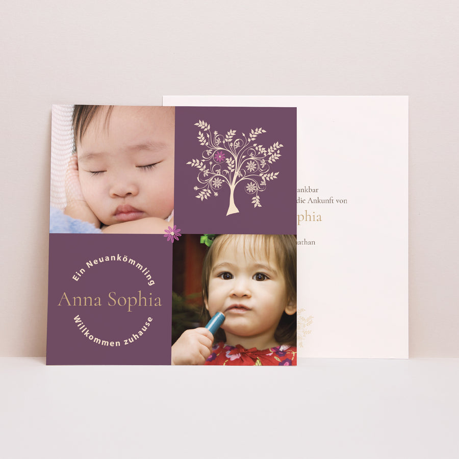 Geburtskarte Quadrat Der Baum der Liebe - Rose foto