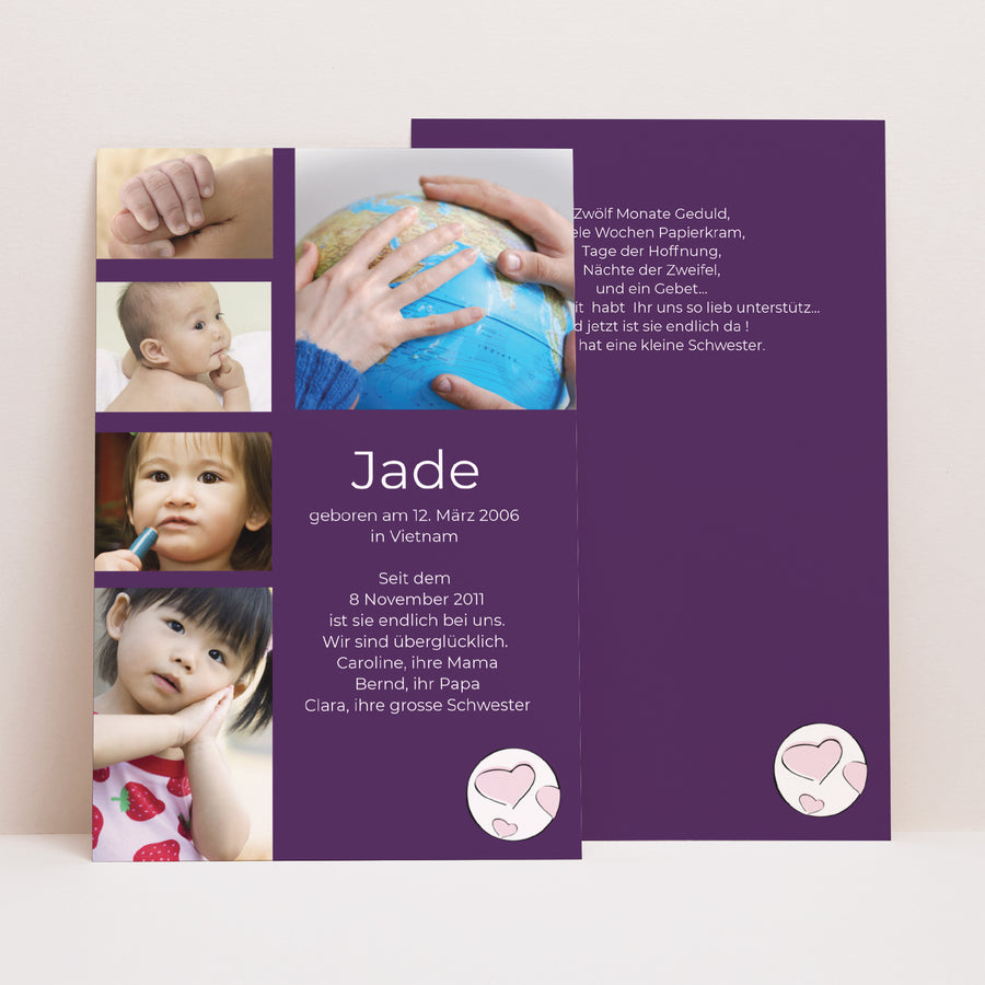 Geburtskarte PortraitPorträt Willkommen in unserer Welt - Violett foto