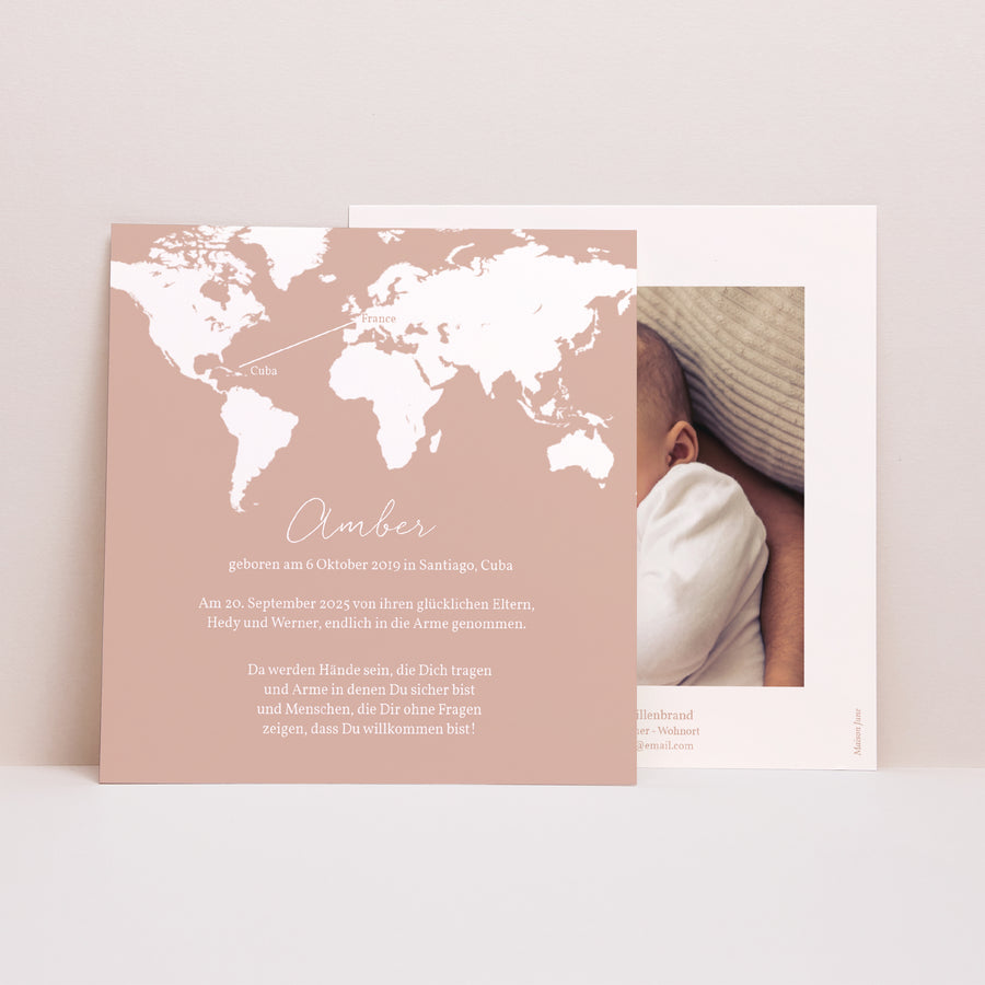 Geburtskarte Quadrat Rund um die Welt - Rosa und Orange foto