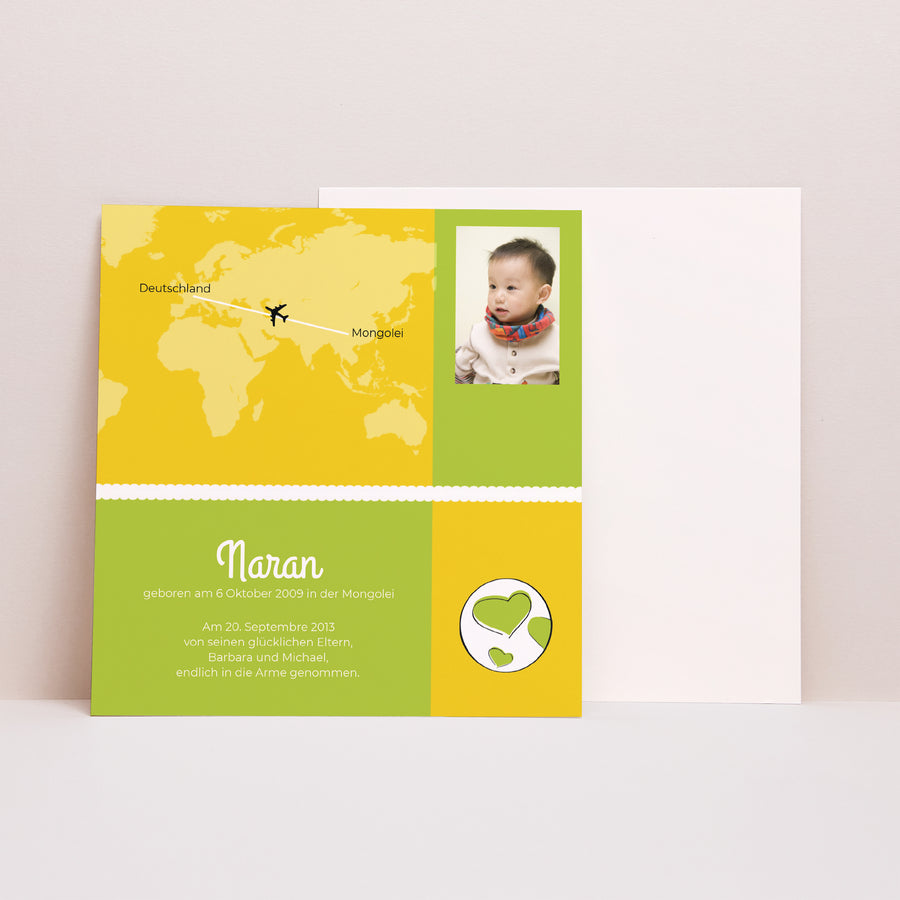 Geburtskarte Quadrat Rund um die Welt - Gelb und Grün foto