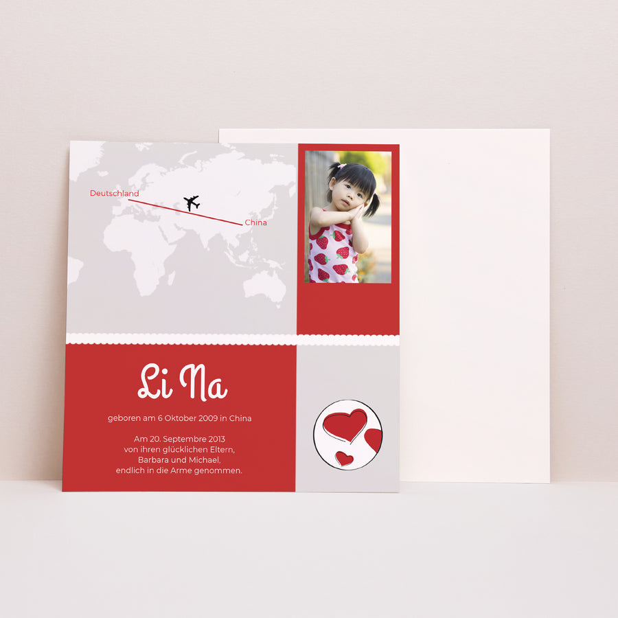 Geburtskarte Quadrat Rund um die Welt - Grau und Rot foto