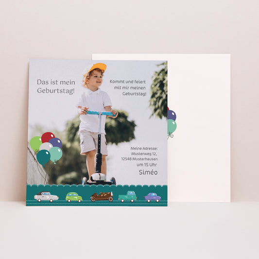 Beilegekarte Kindergeburtstag Quadrat Auto - Geburtstagskarte foto
