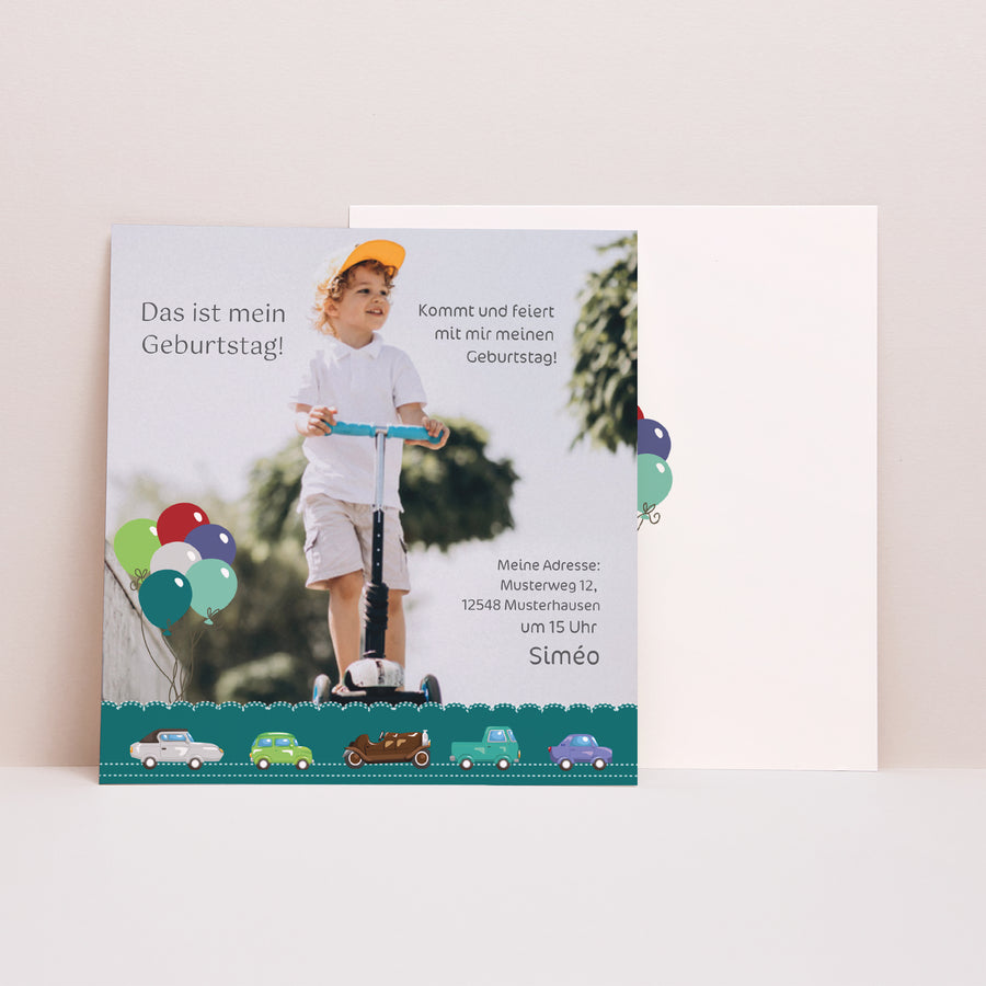 Beilegekarte Kindergeburtstag Quadrat Auto - Geburtstagskarte foto