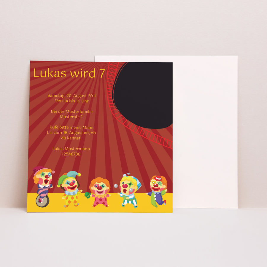 Beilegekarte Kindergeburtstag Quadrat Thema Zirkus foto