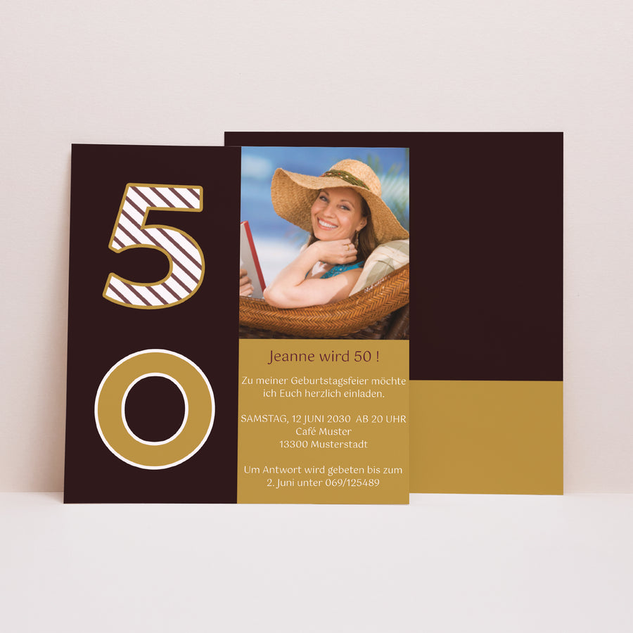 Beilegekarte Geburtstag Erwachsener Quadrat 50 Jahre - Gold und Schokolade foto