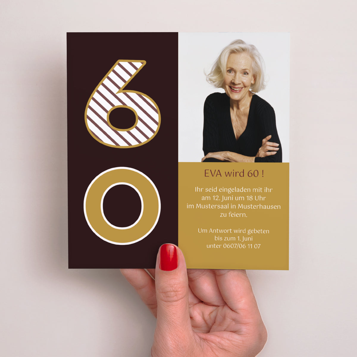 Beilegekarte Geburtstag Erwachsener Quadrat 60 Jahre - Gold und Schokolade foto N° 2