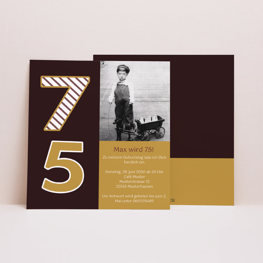 Beilegekarte Geburtstag Erwachsener Quadrat 75 Jahre - Gold und Schokolade foto
