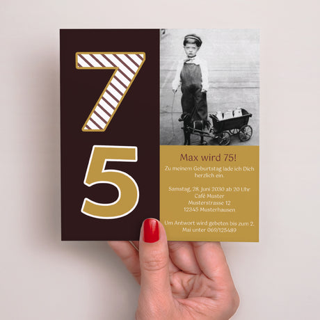 Beilegekarte Geburtstag Erwachsener Quadrat 75 Jahre - Gold und Schokolade