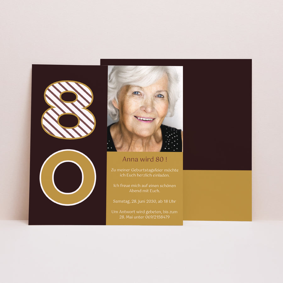 Beilegekarte Geburtstag Erwachsener Quadrat 80 Jahre - Gold und Schokolade foto