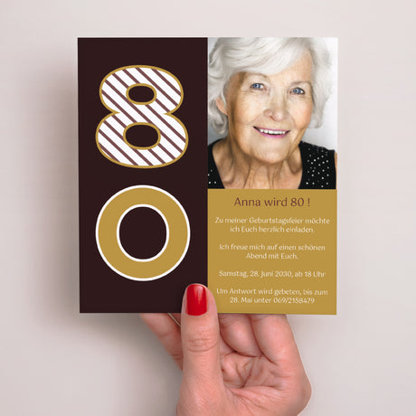Beilegekarte Geburtstag Erwachsener Quadrat 80 Jahre - Gold und Schokolade