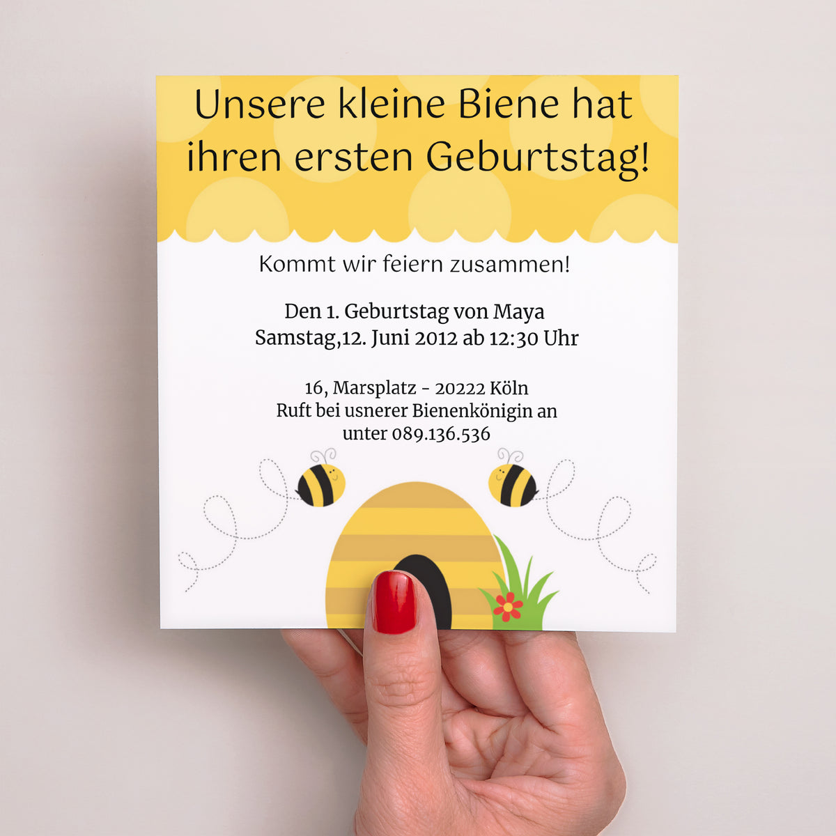 Einladungskarte Kindergeburtstag Quadrat Die schöne Biene foto N° 2