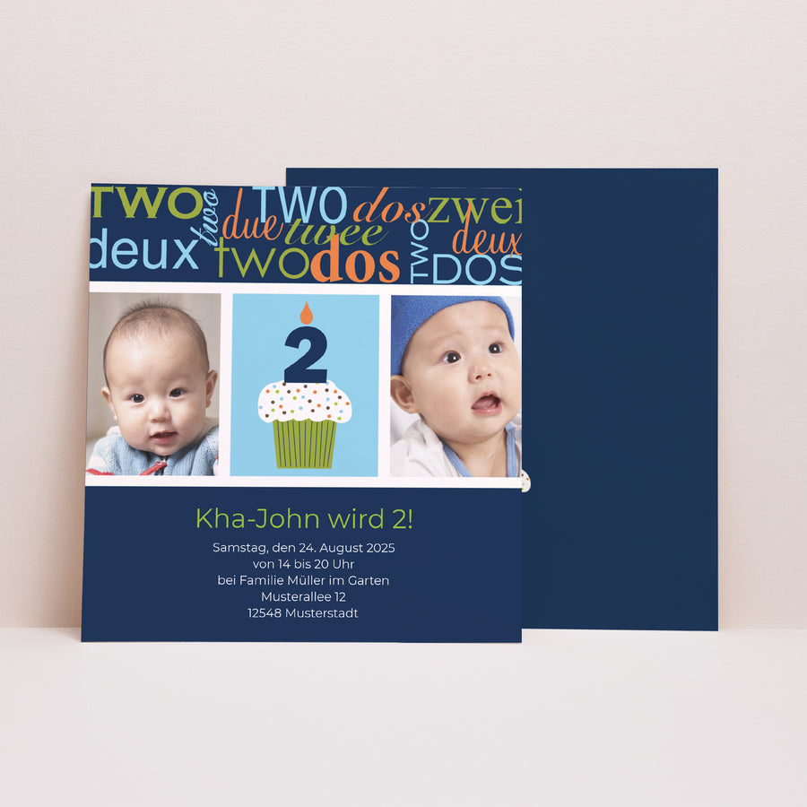 Beilegekarte Kindergeburtstag Quadrat Zwei Jahre - Junge foto